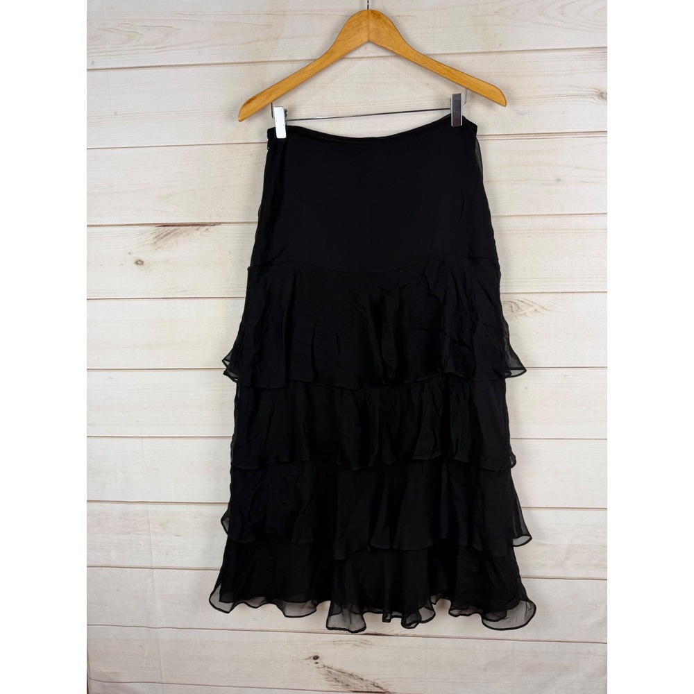Lauren Ralph Lauren Skirt M Black 100% Silk Tiered Ruffle Flowy Chiffon - Picture 2 of 6